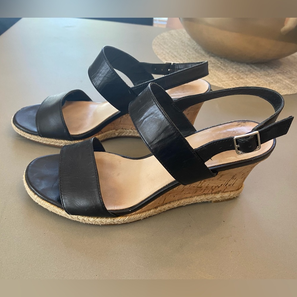 COLE HAAN BLACK LEATHER WEDGE ESPADRILLE SANDALS SIZE 8 M